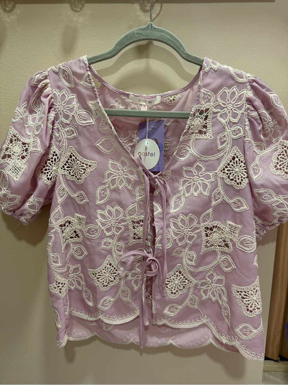 New* Boutique Blouse Clothing Lavender Embroidered Tie-Front Blouse
